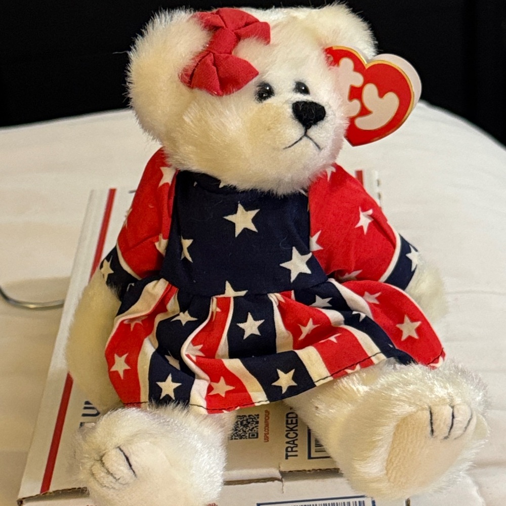Ty Frannie Beanie Baby Plush Bear in Patriotic Star Dress
